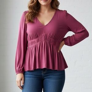 Torrid Women’s Blouse Size 1 Burgundy V-Neck Long Sleeve Empire Waist Rayon